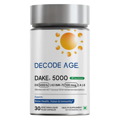DAKE | Vitamin D3 (5000 IU), K2 (MK-7) 100mcg, A &amp; E – Vegan, Gluten Free, Non GMO &amp; Sugar Free - Decode Age – 30 Vegan Capsules