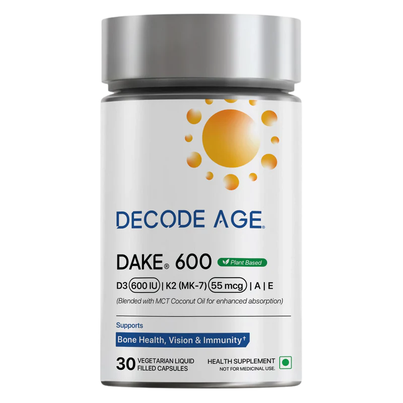 DAKE | Vitamin D3 (600 IU), K2 (MK-7) 55 mcg, A &amp; E – Vegan, Gluten Free, Non GMO &amp; Sugar Free - Decode Age – 30 Vegan Capsules