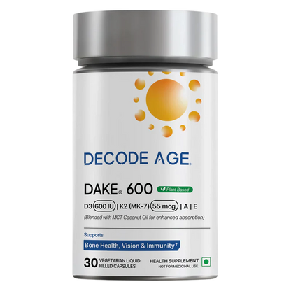 DAKE | Vitamin D3 (600 IU), K2 (MK-7) 55 mcg, A &amp; E – Vegan, Gluten Free, Non GMO &amp; Sugar Free - Decode Age – 30 Vegan Capsules