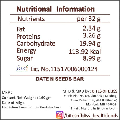 Bar | Date N Seed Bar - Vegan, Gluten Free, No Added Sugar &amp; No Added Preservatives - Bites Of Bliss - (Pack Of 5) - 160gm