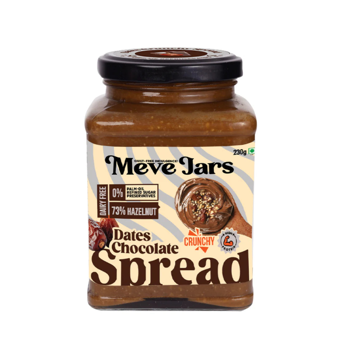 Spread | Hazelnut Chocolate Spread (With 73% Hazelnut) – Made With Dates Crunchy – Vegan, Gluten Free, Dairy Free, High In Protein & No Added Preservatives – Meve Jars – 230gm