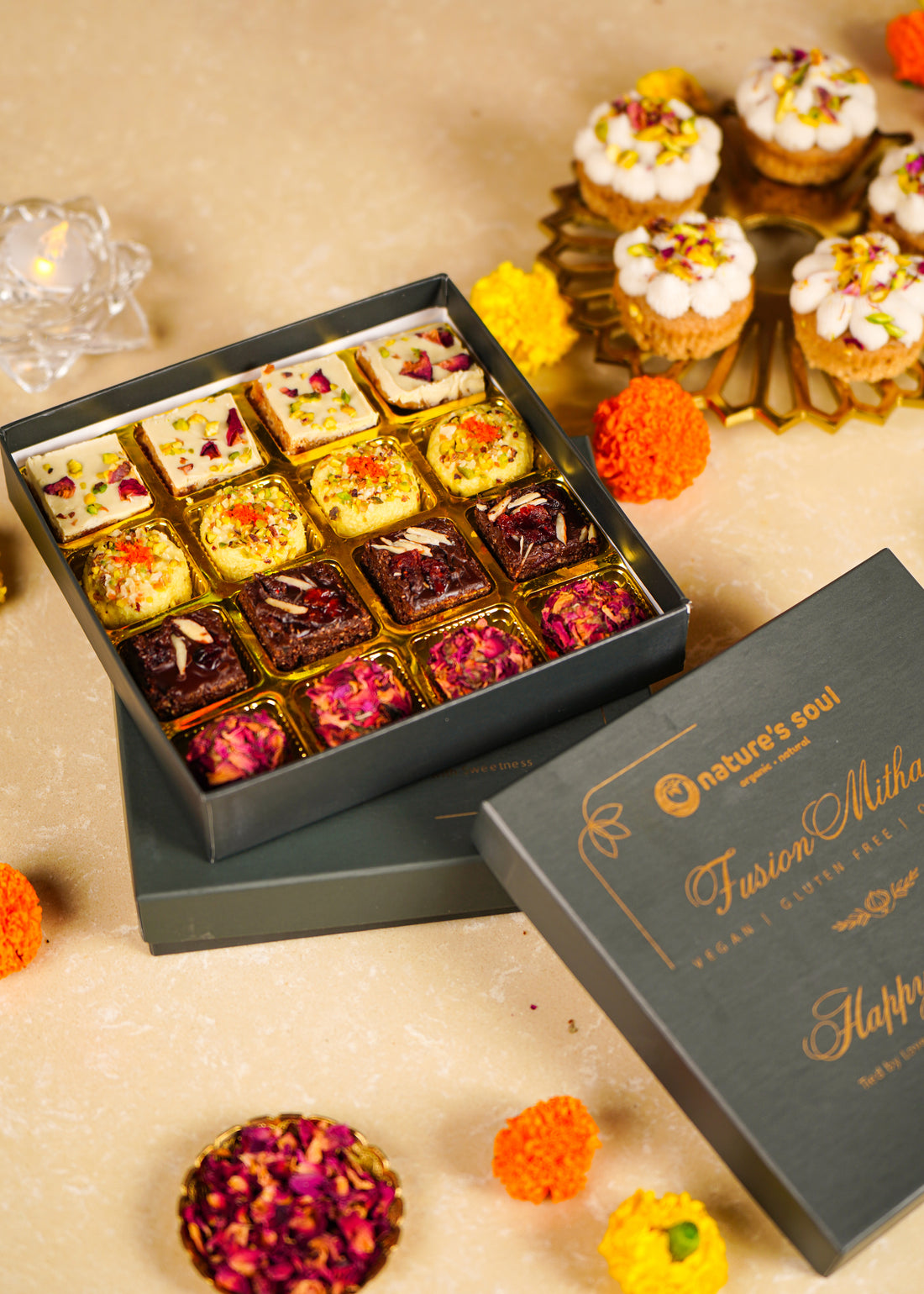 Fusion Mithai Box - New Age Mithai - Vegan, Gluten Free &amp; Refined Sugar Free - 4 Types - Box Of 16 (320gm)