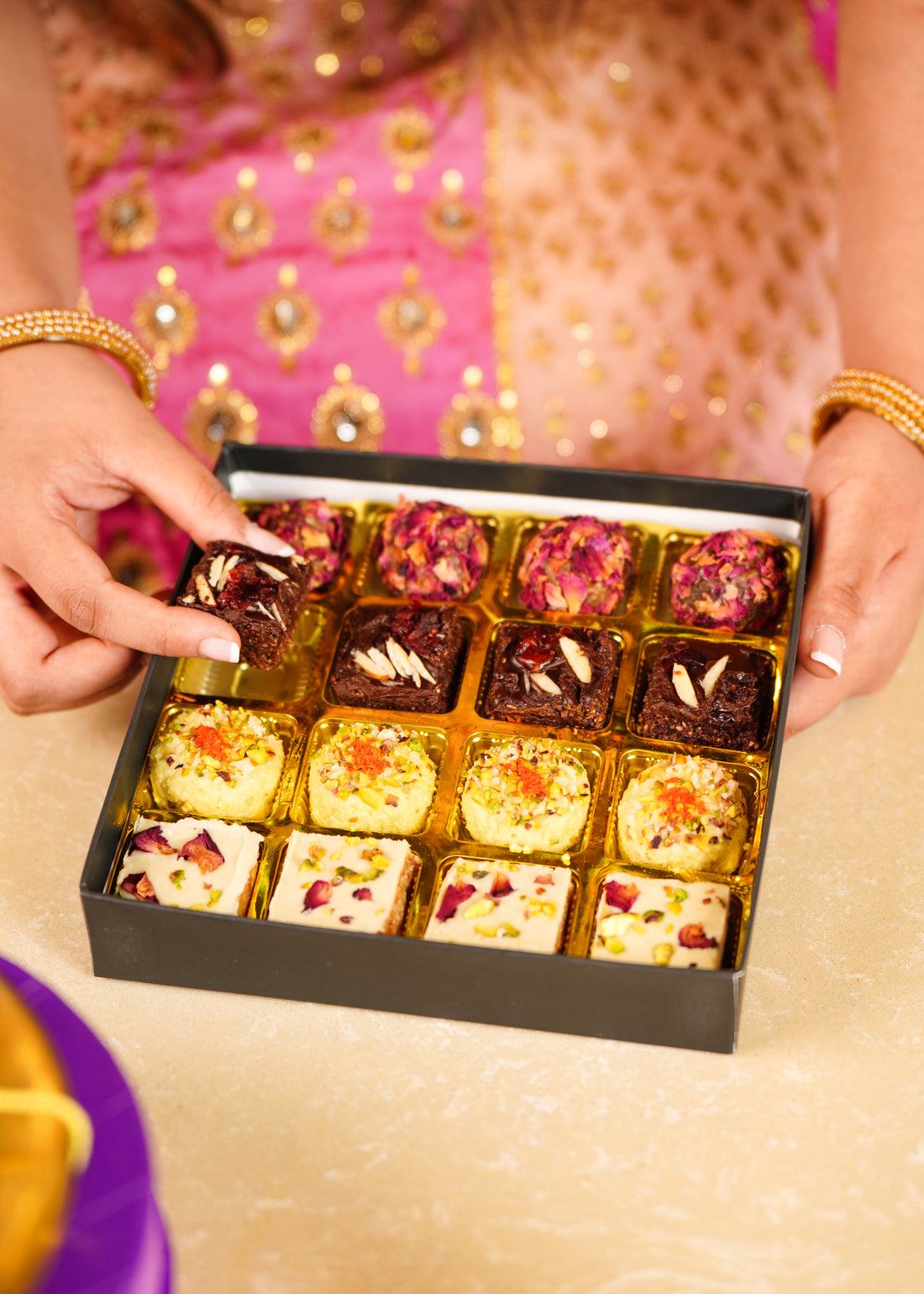 Fusion Mithai Box - New Age Mithai - Vegan, Gluten Free &amp; Refined Sugar Free - 4 Types - Box Of 16 (320gm)