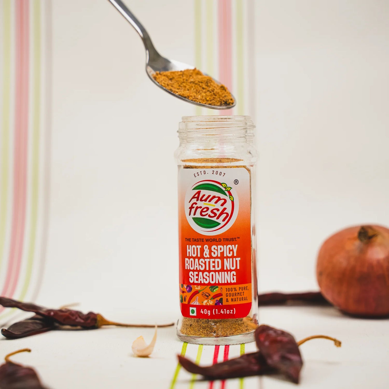 Seasoning | Hot &amp; Spicy Nuts Seasoning -No Additives, No Artificial Flavours &amp; Preservatives Free - 100% Pure &amp; Natural - Aum Fresh - 40gm