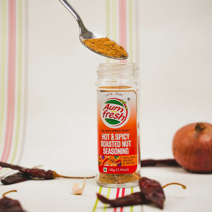 Seasoning | Hot &amp; Spicy Nuts Seasoning -No Additives, No Artificial Flavours &amp; Preservatives Free - 100% Pure &amp; Natural - Aum Fresh - 40gm