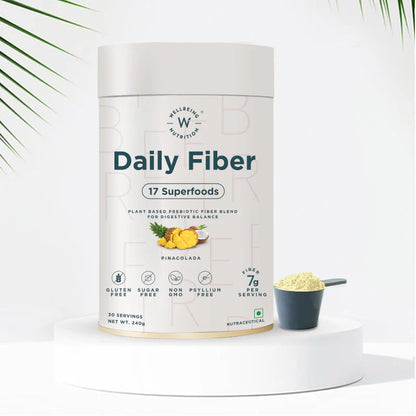Daily Fiber | 17 Superfoods - Plant Based Prebiotic Fiber Blend For Digestive Balance - Pina Colada Flavor - Vegan, Gluten Free, No Gmo, No Preservatives, Sugar Free &amp;amp; Helps Improve Digestion - Wellbeing Nutrition - (30 Serving) - 240gm