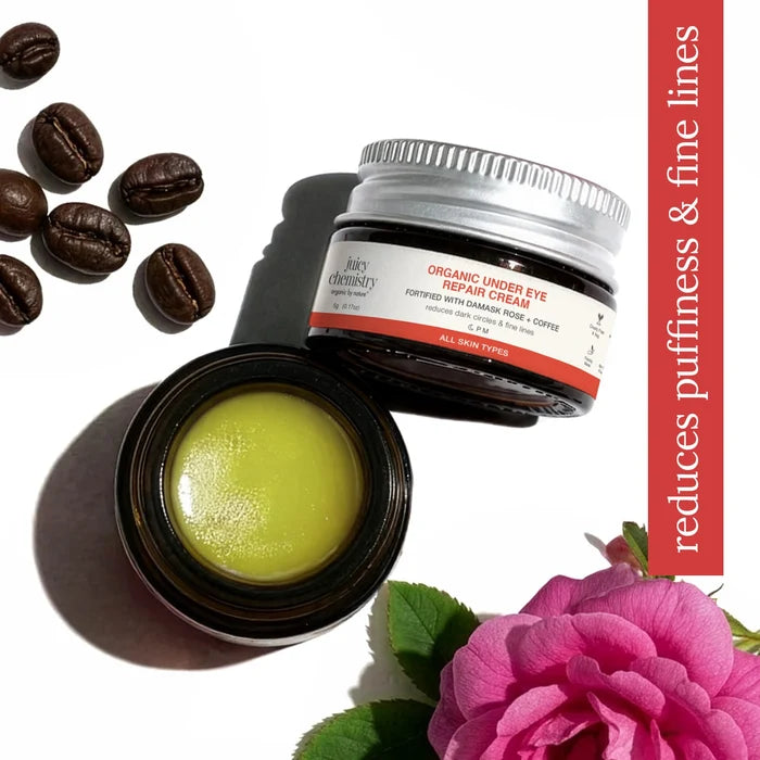 Organic Under Eye Repair Cream Fortified with Damask Rose + Coffee - Juicy Chemistry - 5gm