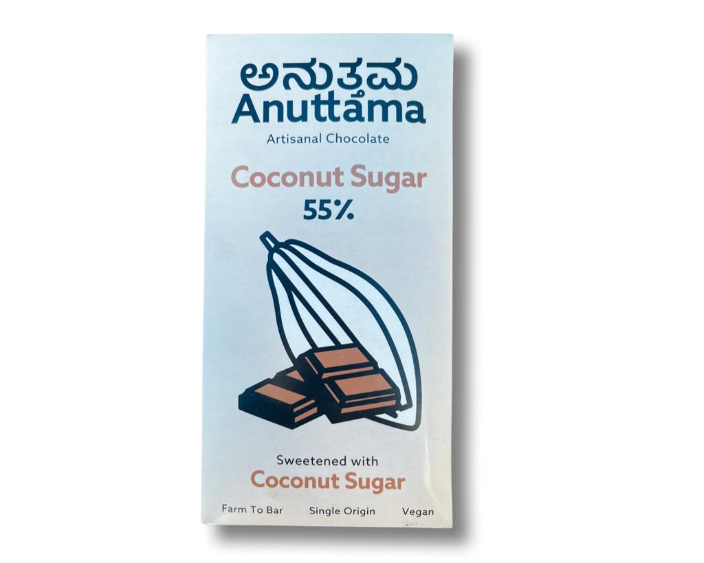 Dark Chocolate | Coconut Sugar (Sweetened With Coconut Sugar) - 55% Cacao - Artisanal – Farm To Bar – Single Origin – Vegan, No Artificial Flavors, Oils, Preservatives &amp; Additives – Anuttama Artisanal Chocolate – 50gm