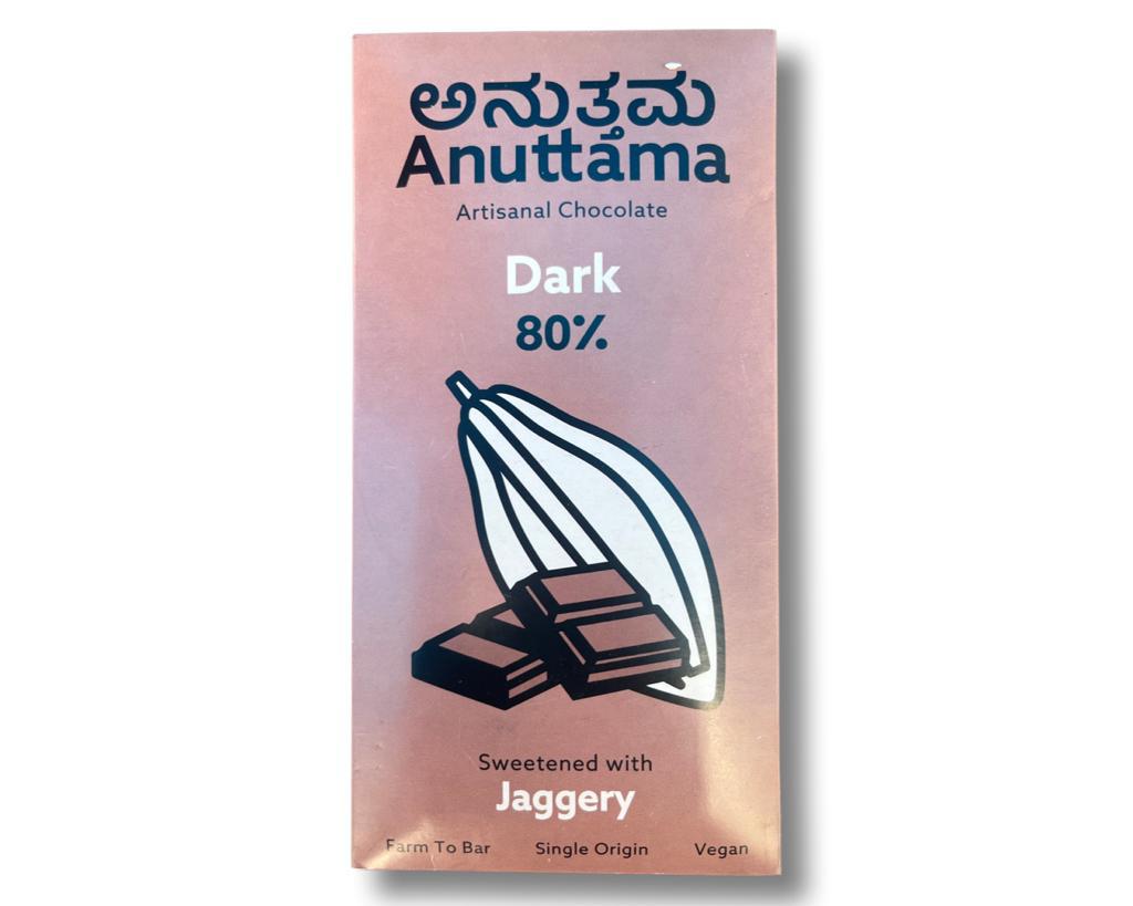 Dark Chocolate | Dark (Sweetened With Jaggery) - 80% Cacao - Artisanal – Farm To Bar – Single Origin – Vegan, No Artificial Flavors, Oils, Preservatives &amp;amp; Additives – Anuttama Artisanal Chocolate – 50gm