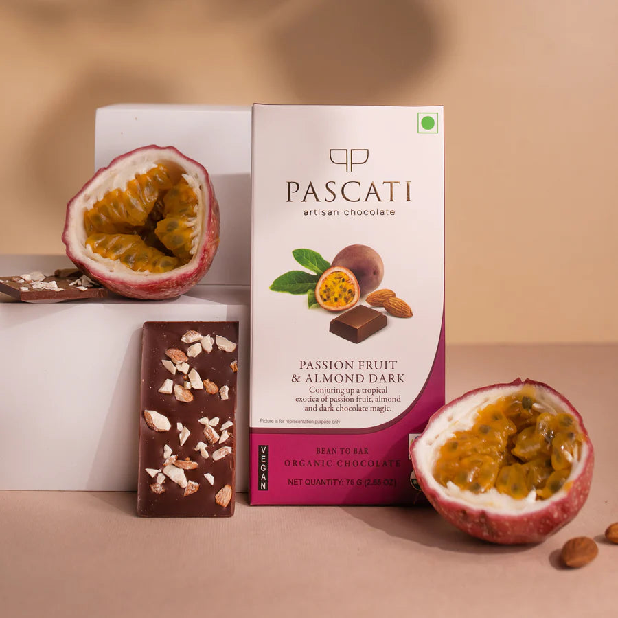 Dark Chocolate | Passion Fruit & Almond (Bean To Bar) - USDA Organic - Vegan & Gluten Free - Pascati - 75gm