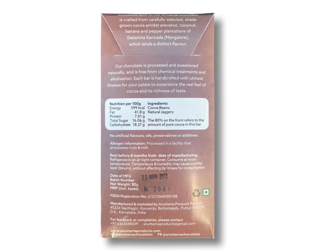 Dark Chocolate | Dark (Sweetened With Jaggery) - 80% Cacao - Artisanal – Farm To Bar – Single Origin – Vegan, No Artificial Flavors, Oils, Preservatives &amp;amp; Additives – Anuttama Artisanal Chocolate – 50gm