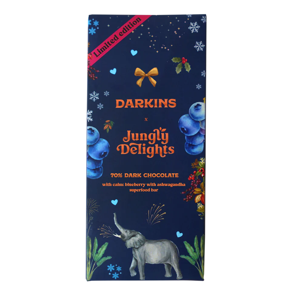 Dark Chocolate | 70% (With Calm Blueberry With Ashwagandha Superfood Bar) – Bean To Bar – No Palm Oil – jungly Delights – 50gm