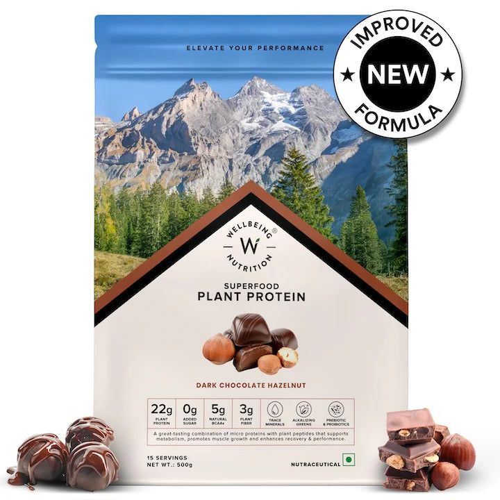 Protein Powder | Superfood Plant Protein - 22gm Plant Protein - Dark Chocolate Hazelnut – Organic - Vegan, Gluten Free, Sugar Free &amp; Dairy Free – Wellbeing Nutrition – 500gm