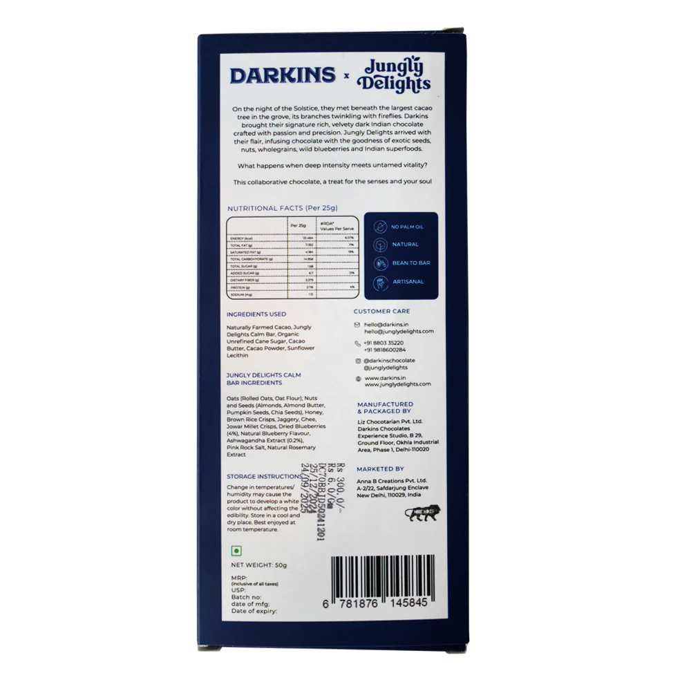 Dark Chocolate | 70% (With Calm Blueberry With Ashwagandha Superfood Bar) – Bean To Bar – No Palm Oil – jungly Delights – 50gm