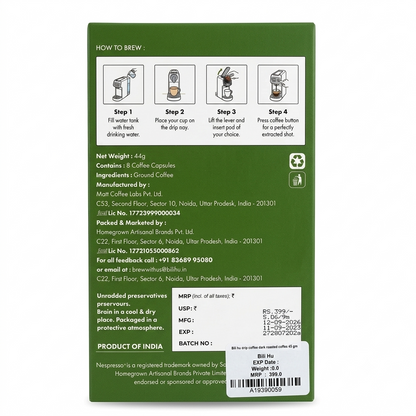 Coffee | Dark Roast (Coffee Capsules) -100% Arabica-Pulped Sun Dried - Bili Hu -(8 Coffee Capsules) 44gm