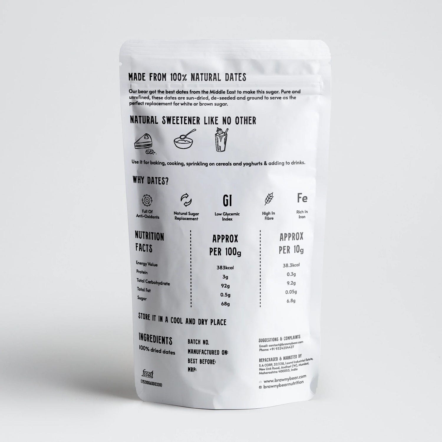 Date Sugar | (Made With Premium Arabian Dates) - Use It For Baking, Cooking, Sprinkling, On Cereals And Yoghurt &amp;amp; Adding To Drinks - Natural - Gluten Free, Full Of Antioxidant, High In Fiber &amp;amp; Rich In Iron - Brawny Bear - 200gm