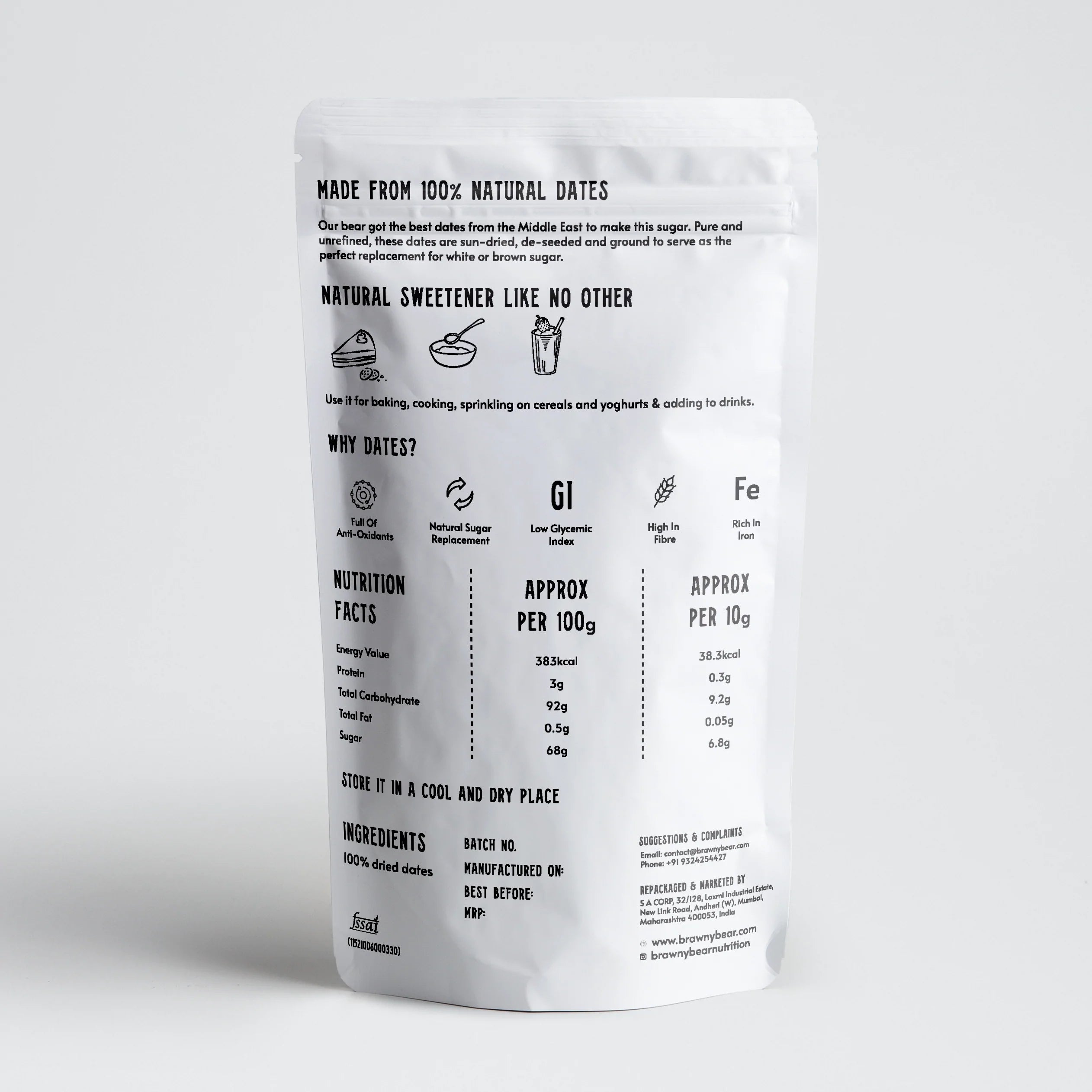 Date Sugar | (Made With Premium Arabian Dates) - Use It For Baking, Cooking, Sprinkling, On Cereals And Yoghurt &amp;amp; Adding To Drinks - Natural - Gluten Free, Full Of Antioxidant, High In Fiber &amp;amp; Rich In Iron - Brawny Bear - 200gm