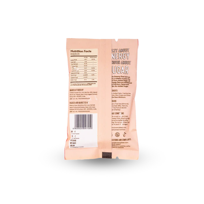 Bar | Date Energy Bars (Almond &amp; Cranberry) – No Additives &amp; No Added Preservatives – Brawny Bear – 25gm