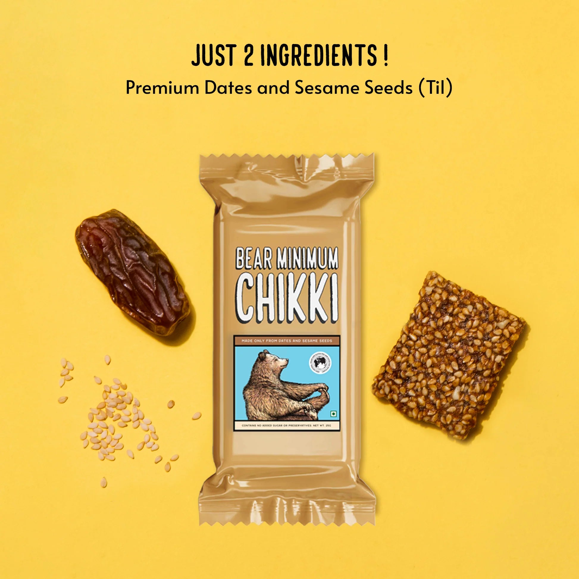 Chikki | Date Sweetened Soft Chikki (Made Only From Dates And Sesame Seeds) – No Additives, No Added Preservatives &amp; Sugar Free – Brawny Bear – 25gm