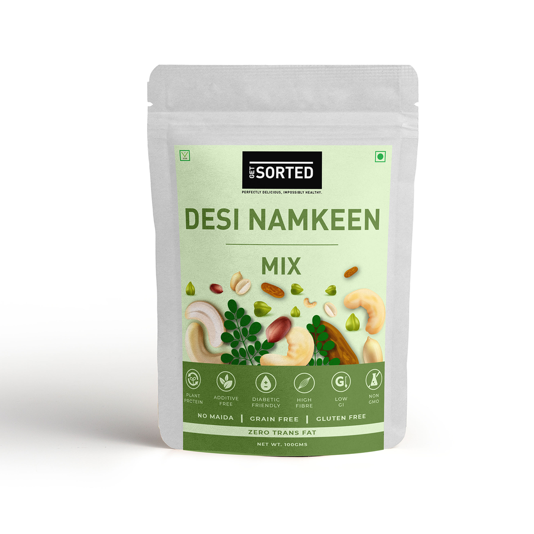 Namkeen Mix | Desi - Gluten Free, No Maida, Soya Free, Zero Trans Fat, Diabetic Friendly & Grain Free - Get Sorted - 100gm