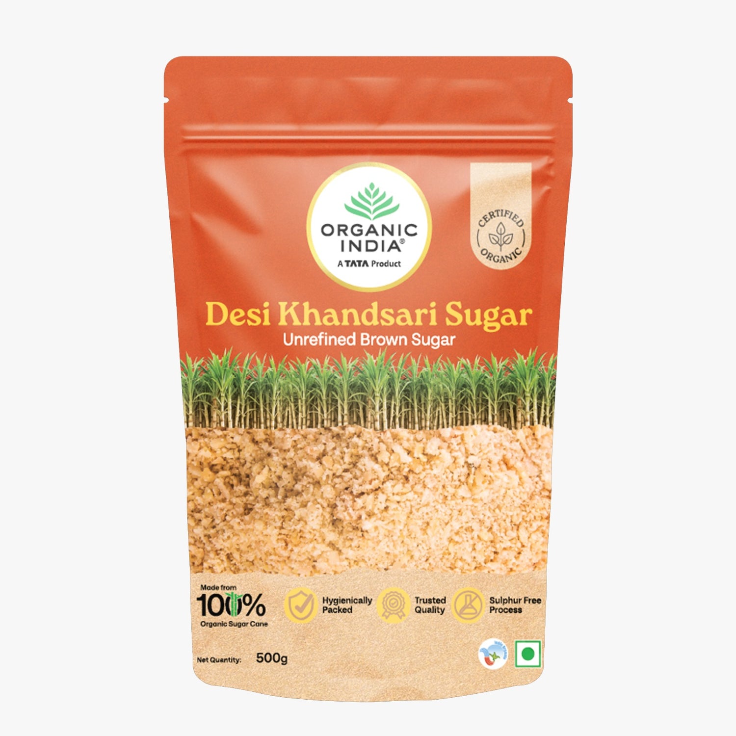 Sugar | Desi Khandsari Sugar (Unrefined Brown Sugar) - Made From 100% Organic Sugar Cane - Certified Organic - Sulphur Free, No Chemicals, Synthetic Or No Pesticides. Organic India - 500gm