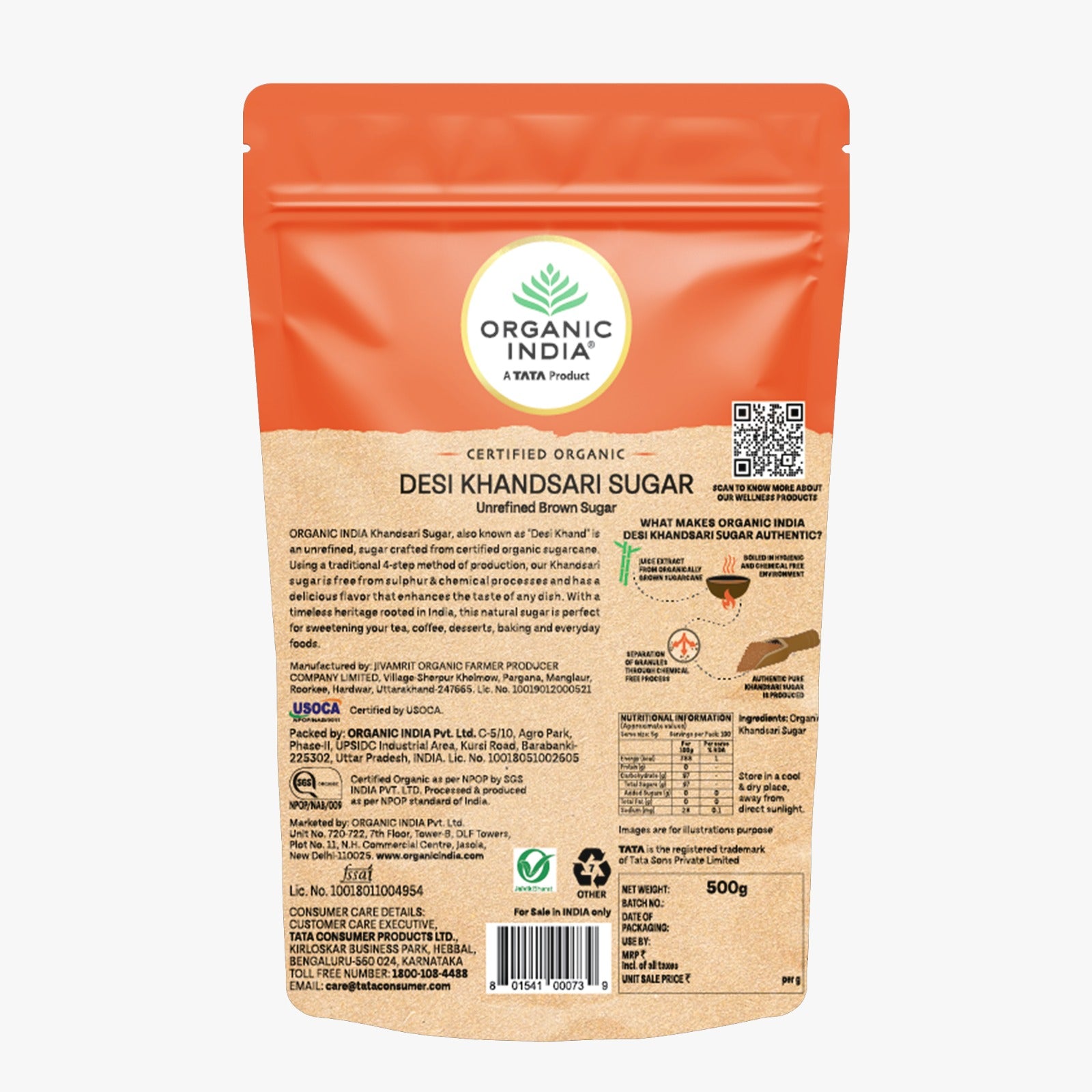 Sugar | Desi Khandsari Sugar (Unrefined Brown Sugar) - Made From 100% Organic Sugar Cane - Certified Organic - Sulphur Free, No Chemicals, Synthetic Or No Pesticides. Organic India - 500gm