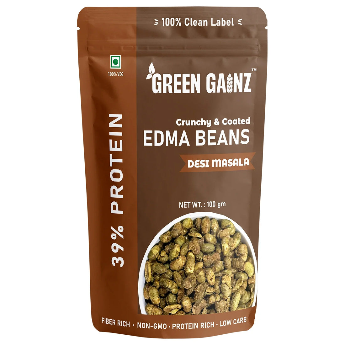 Edama Beans | Crunchy & Roasted (Desi Masala) Edma Beans- 39% Protein Per Serving - Fiber Rich, Protein Rich - Low Carb- No Added Preservatives & Sugar - Green Gainz- 100gm