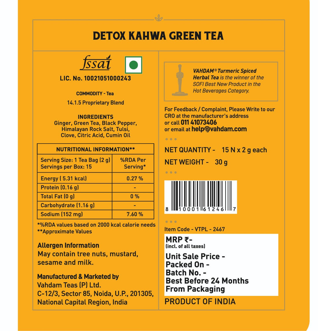Detox Kahwa Green Tea - Vahdam - 15Tea Bags