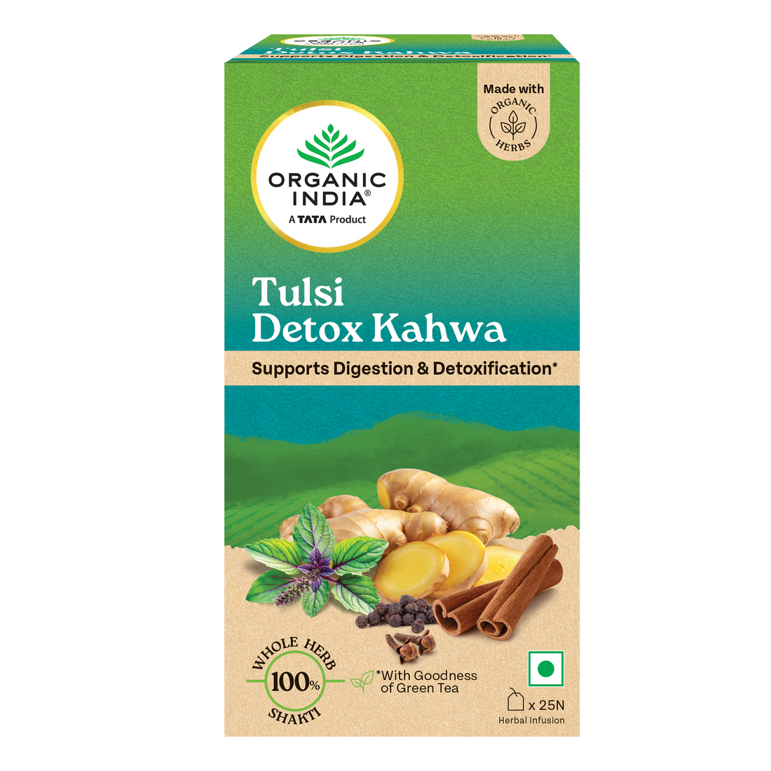 Tea | Tusli Detox Kahwa (With Green Tea Ginger & Cinnamon) - Oragnic - Help Improve Digestion & Detoxification - Organic India - 25 Infusion Bag