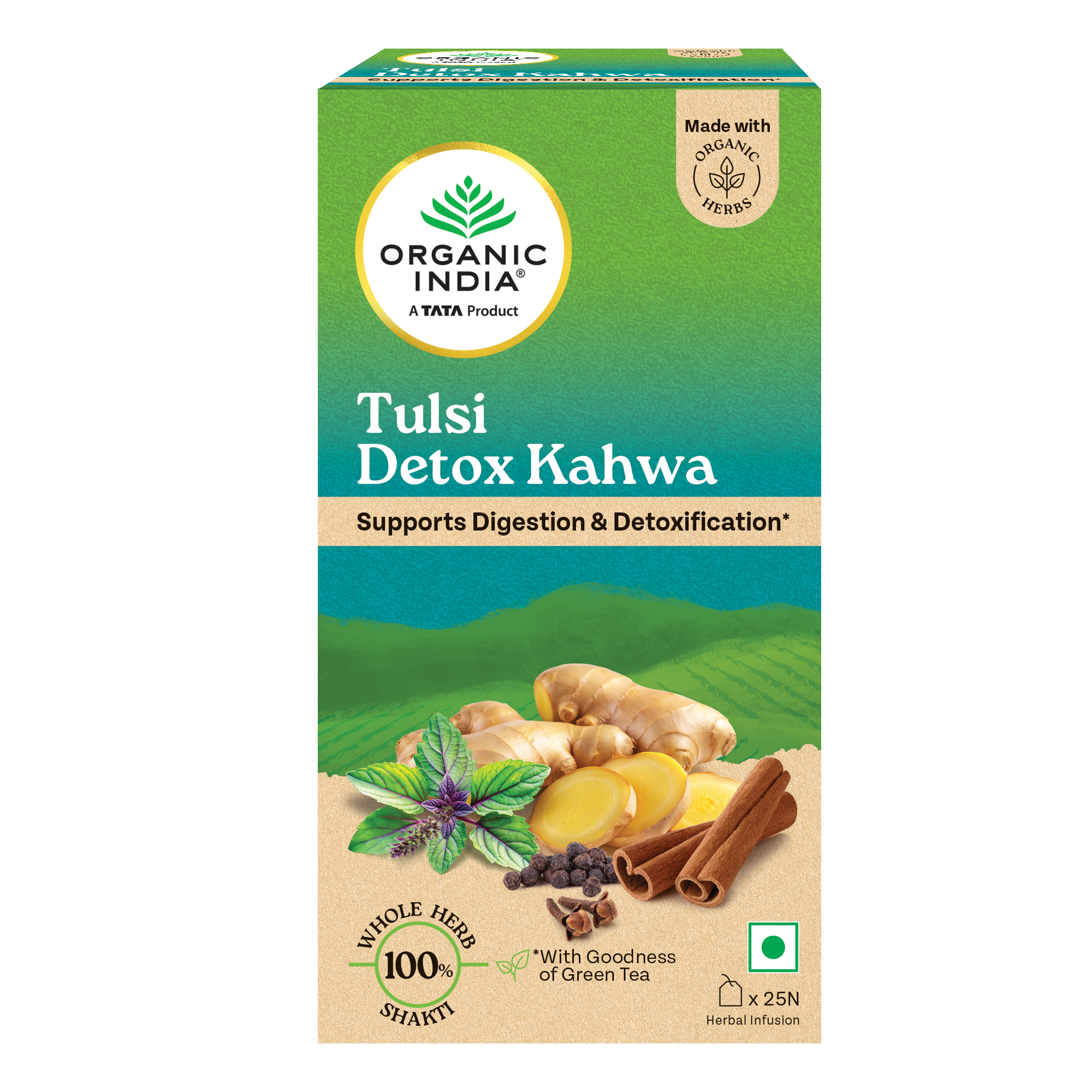 Tea | Tusli Detox Kahwa (With Green Tea Ginger &amp; Cinnamon) - Oragnic - Help Improve Digestion &amp; Detoxification - Organic India - 25 Infusion Bag