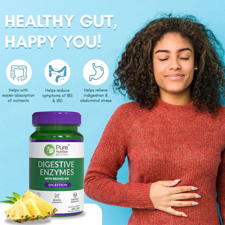 Digestive Enzymes | With Bromelain - Helps Reduce Indigestion &amp;amp; Promotes Nutrient Absorption – Pure Nutrition – (840mg) - 60 Capsules
