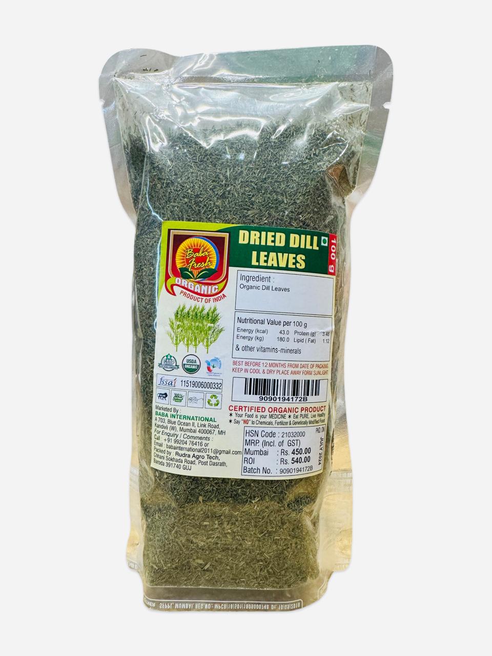 Dill Leaves | Dried - USDA Organic - Baba Fresh - 100gm