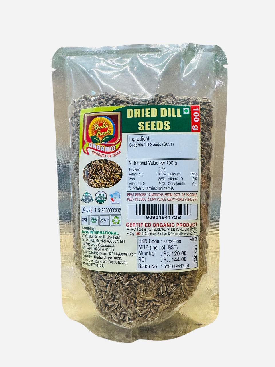 Dill Seeds | Dried - USDA Organic - Baba Fresh - 100gm