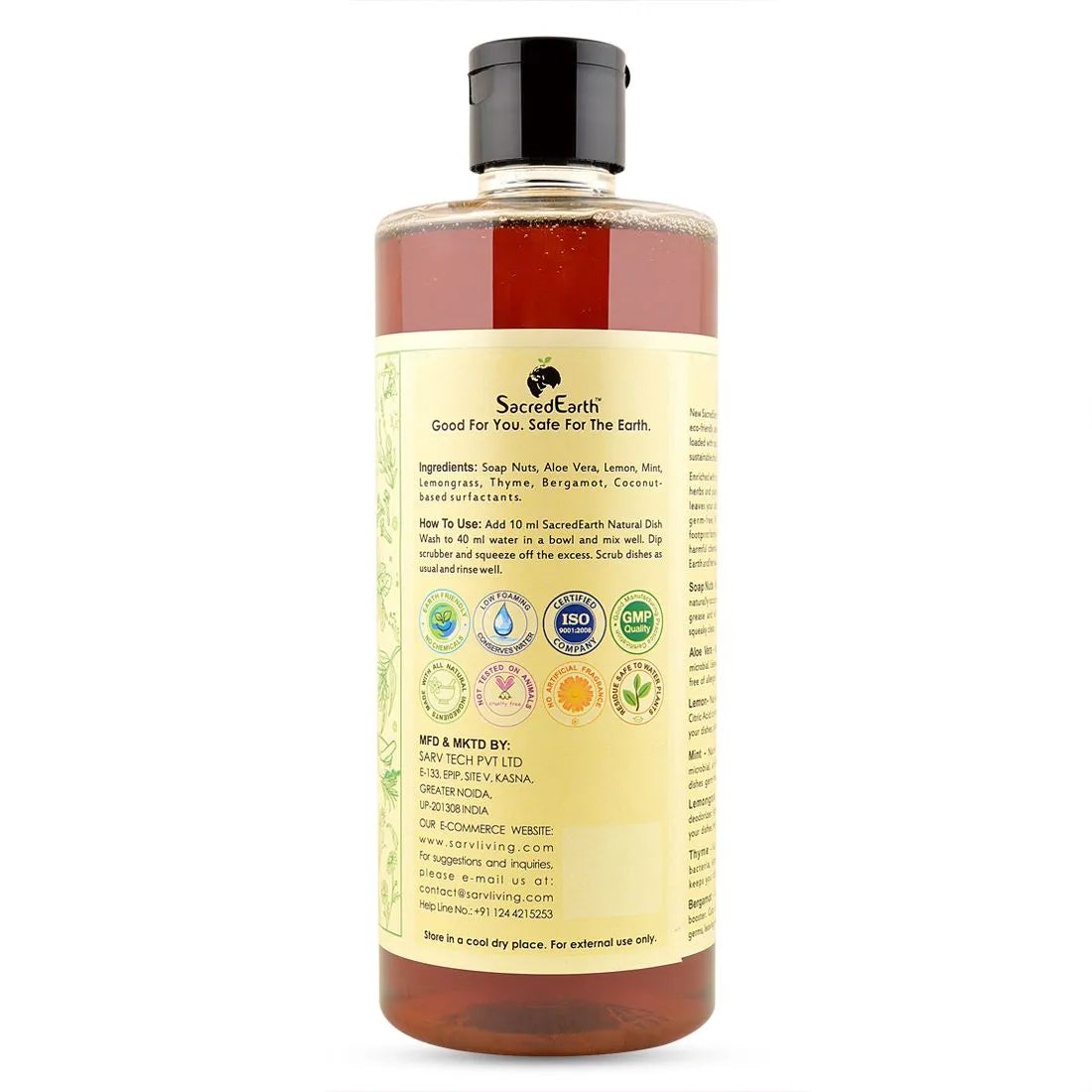 Dish Wash Liquid | (Made From Soapnuts, Lemon, Lemongrass, Thyme &amp; Bergamot) - Natural - Environment Friendly, No Artificial Additives, No Fragrances, Enzymes &amp; No bleaches - Sacred Earth - 500ml
