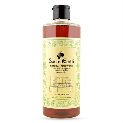 Dish Wash Liquid | (Made From Soapnuts, Lemon, Lemongrass, Thyme &amp; Bergamot) - Natural - Environment Friendly, No Artificial Additives, No Fragrances, Enzymes &amp; No bleaches - Sacred Earth - 500ml