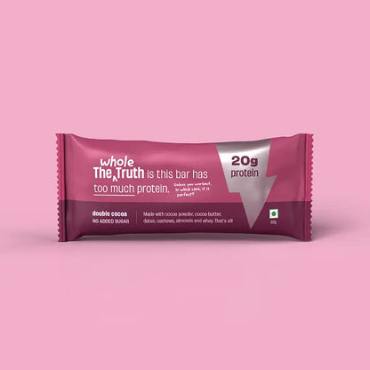 Double Cocoa | (Made With Cocoa Powder, Cocoa Butter, Dates, Cashew, Almond &amp;amp; Whey) - 20g Protein - No Added Sugar – The Whole Truth – 67gm