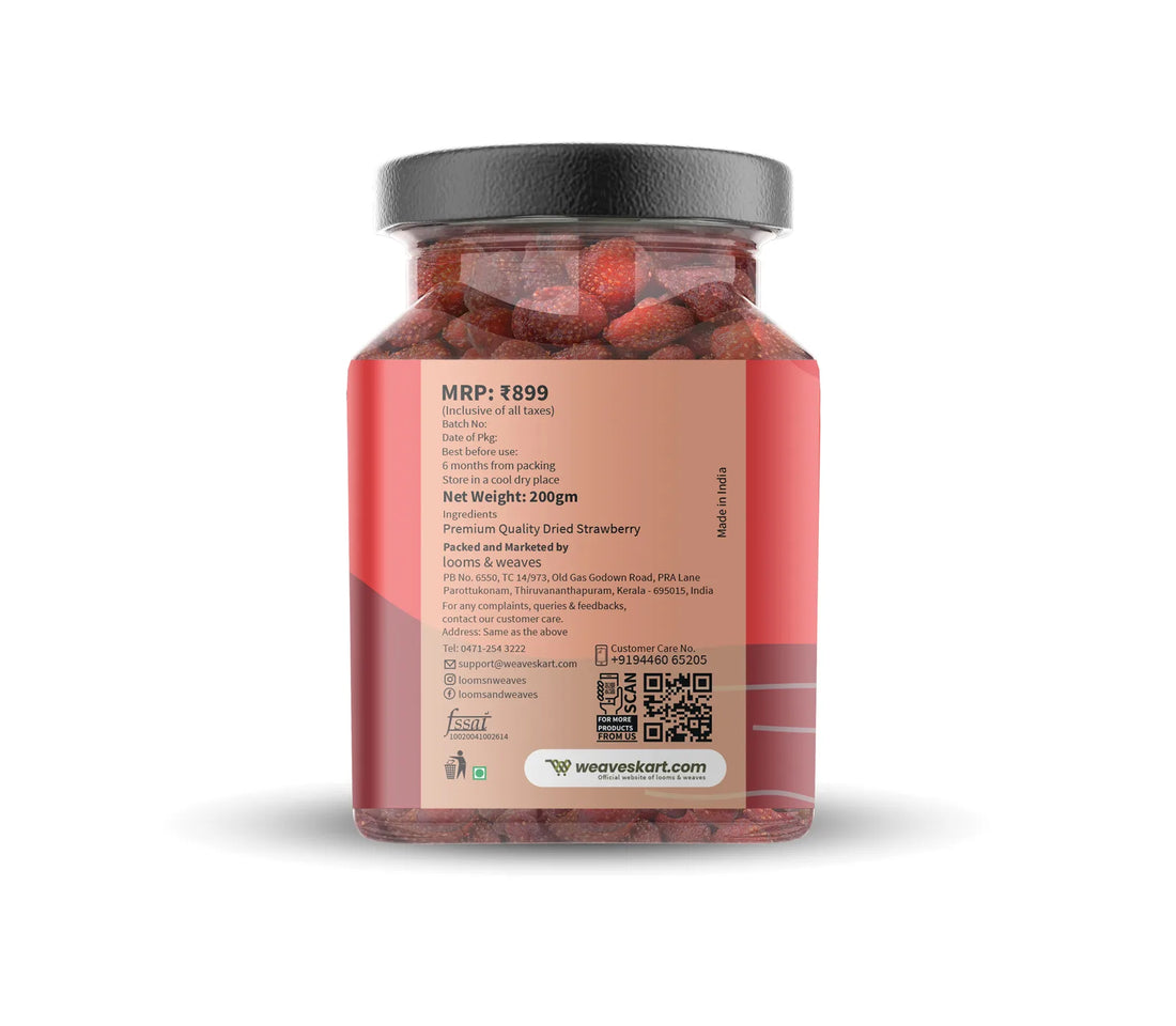 Strawberry | Dried - 100% Natural - Single Origin - Gluten Free, Pesticide Free, No Additives, No Added Preservatives - Looms And Weaves - 200gm