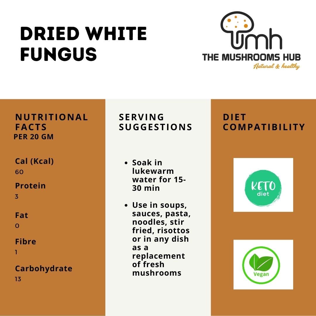 Mushroom | Dried Edible Snow Mushroom - White Fungus - 100% Natural - Chemical Free &amp; No Added Preservatives The Mushoom Hub - 50gm