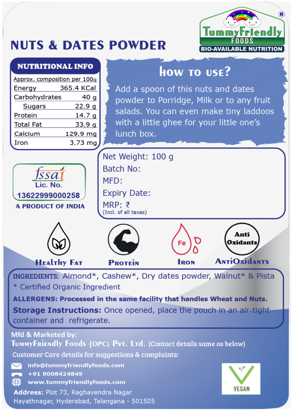 Dry Fruit Powder | (Premium Nuts &amp;amp; Dates Powder) - Healthy Fat - For Baby Food - USDA Organic - No Chemical, Additives &amp;amp; No Sweeteners - Tummy Friendly Foods - 100gm