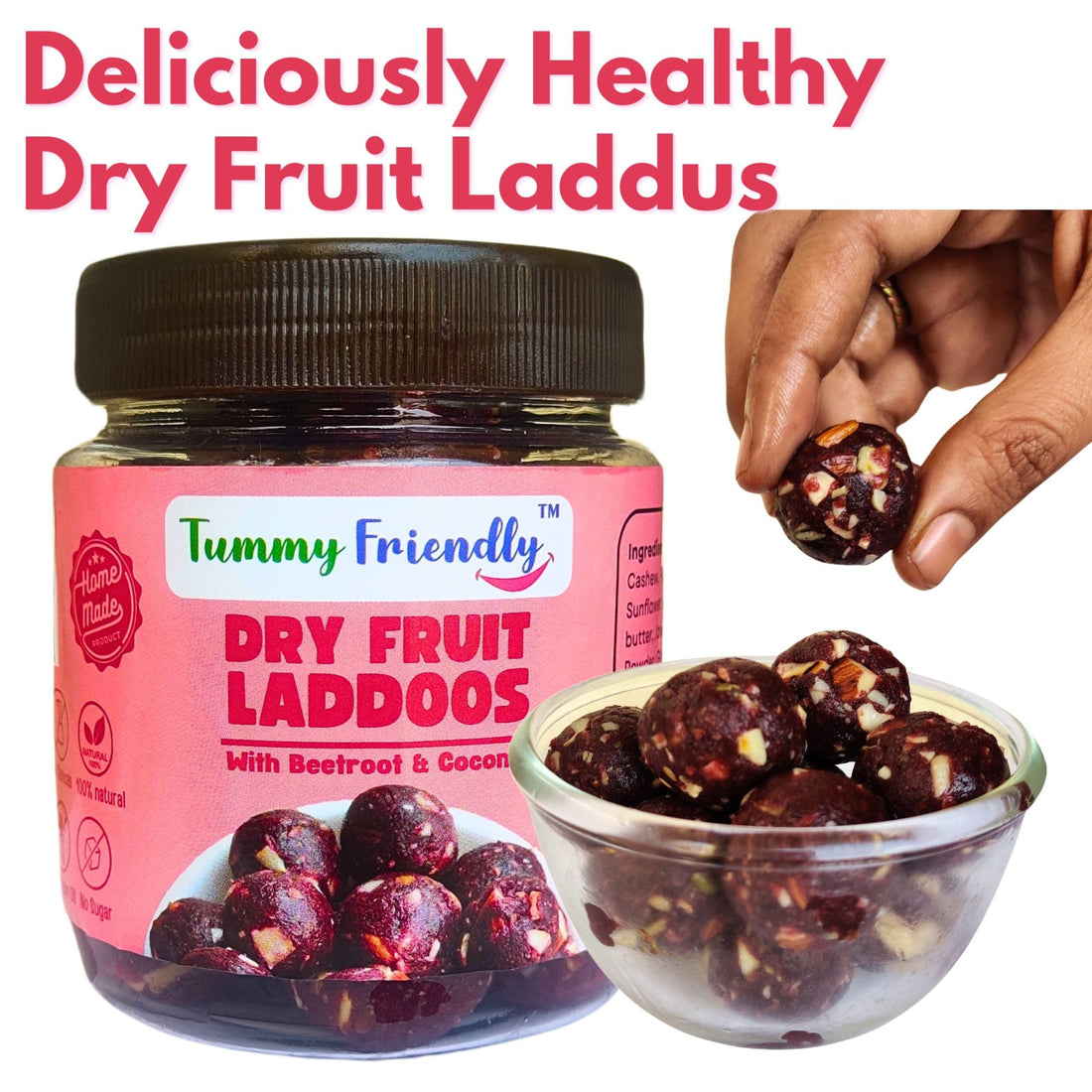 Laddus | Dry Fruit Laddus - With Beetroot &amp; Coconut - Home Made - No Chemical, No Palm Oil &amp; No Added Sugar - Tummy Friendly - 300gm