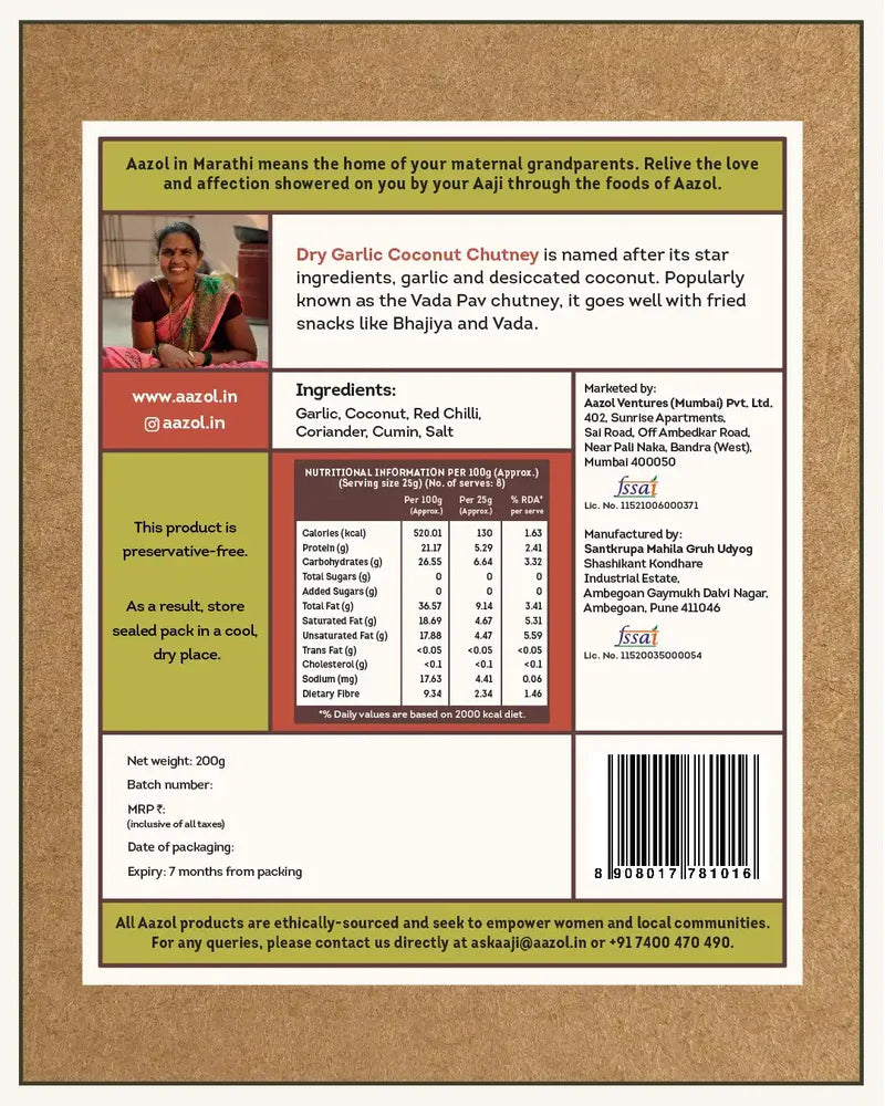 Chutney | Dry Garlic Coconut Chutney - Vada Pav Masala - No Added Preservatives - Aazol - 200gm