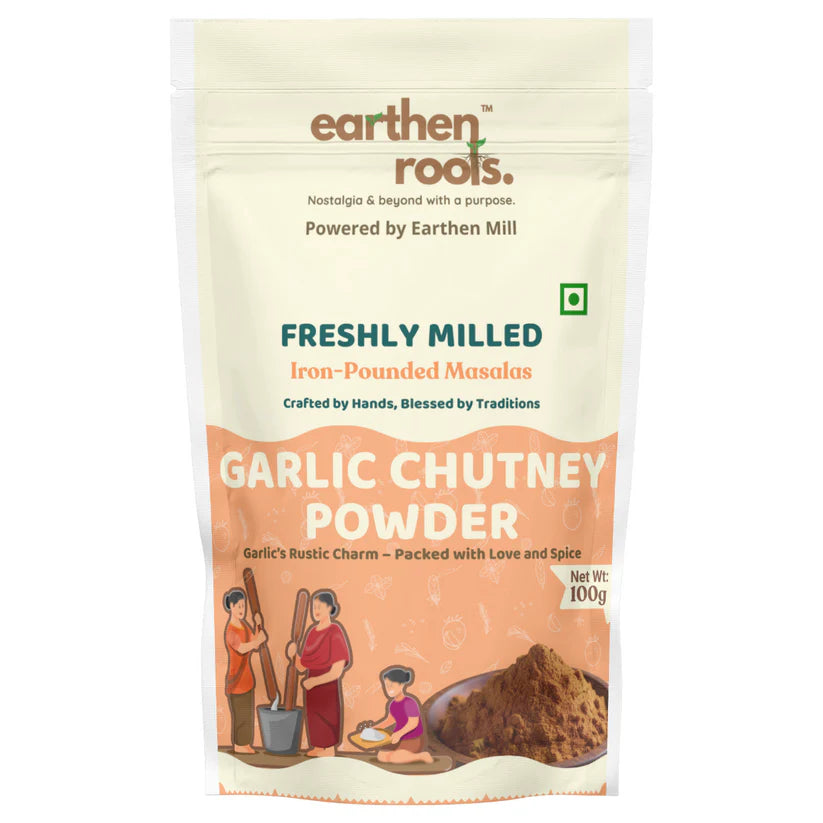 Chutney Powder | Garlic Chutney Powder (Made With Premium Garlic, Sun Dried Chillies &amp; Spices) - Iron Pounded Masala - Freshly Milled -  No Preservatives &amp; No Additive - Earthen Roots  - 100gm