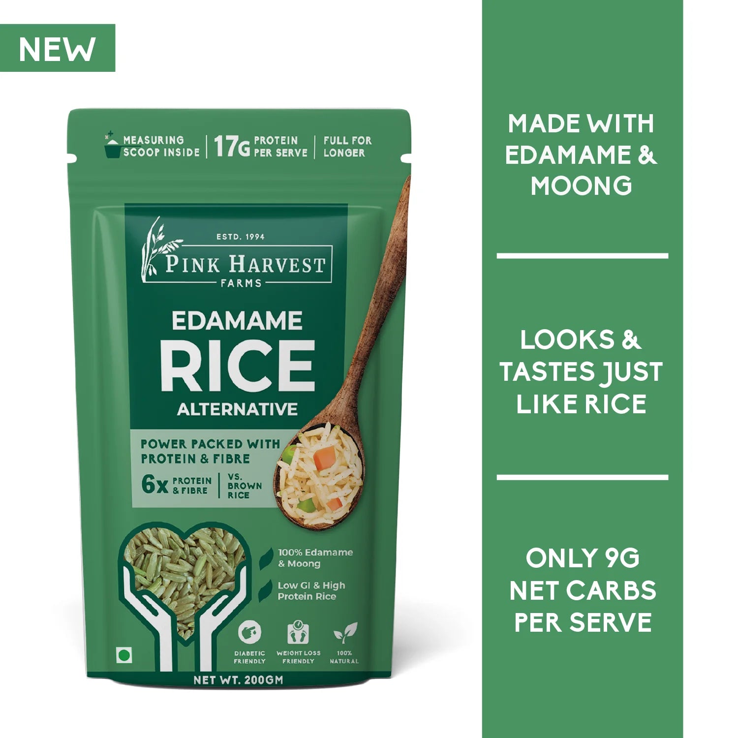 Rice | Edamame Rice Alternative (Made With Edamame &amp; Moong) - 17g Protein Per Serve - Diabetic Friendly &amp; High In Protein - Pink Harvest - 200gm