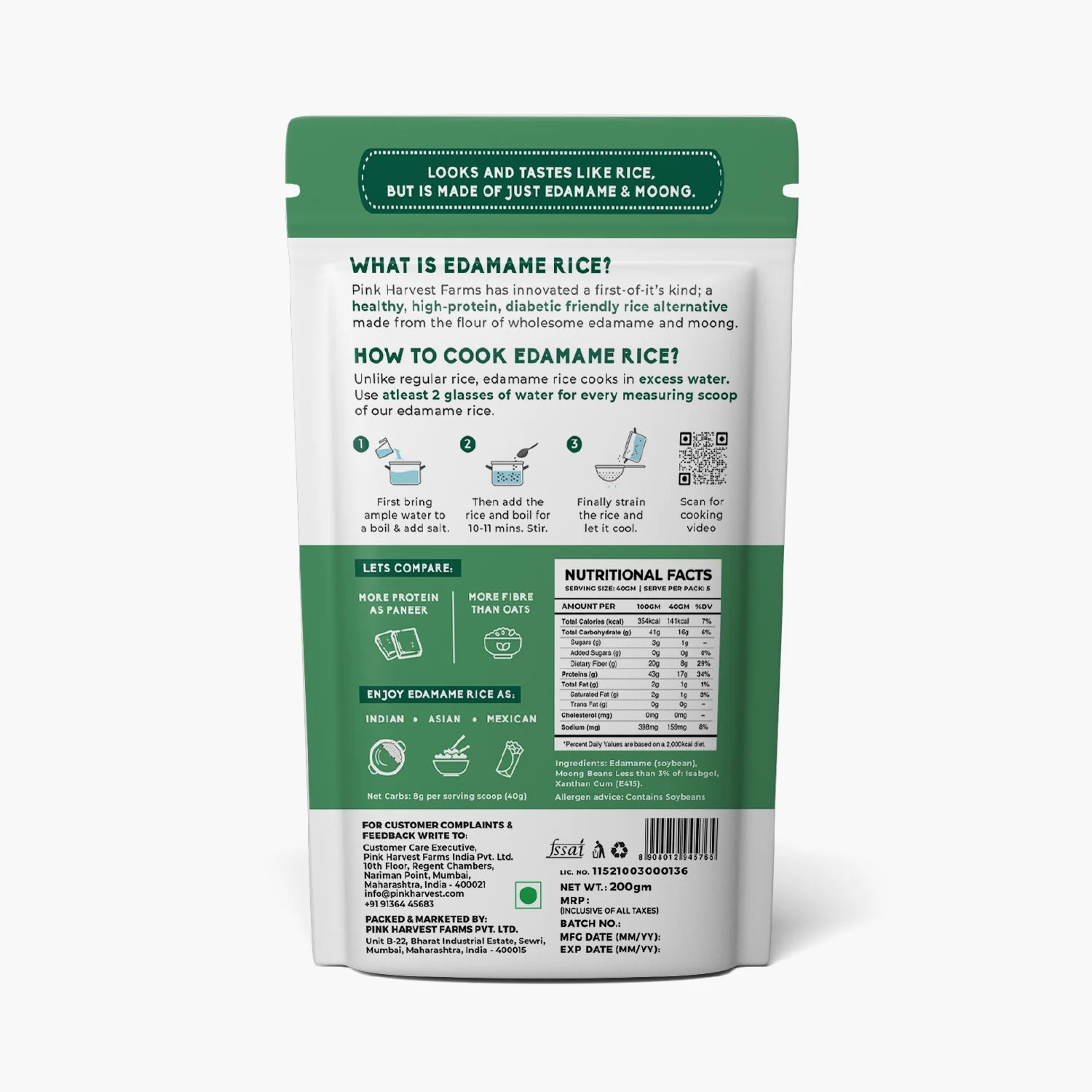 Rice | Edamame Rice Alternative (Made With Edamame &amp; Moong) - 17g Protein Per Serve - Diabetic Friendly &amp; High In Protein - Pink Harvest - 200gm