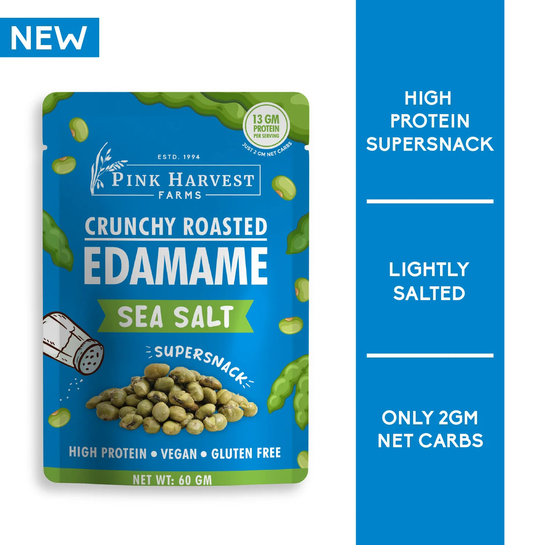 Edamame | Roasted (Crunchy) - 13 g of Protein Per Serving - Lightly Salted - Not Fried - Sea Salt - Vegan, Gluten Free, High In Protein & Diabetic Friendly - Pink Harvest - 60gm
