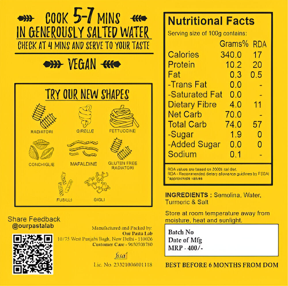 Lasagne Sheets | Eggfree Lasagne Sheets (Semolina &amp; Turmeric) – 100% Semolina – Vegan, No Refined Flour – Our Pasta Lab – 200gm