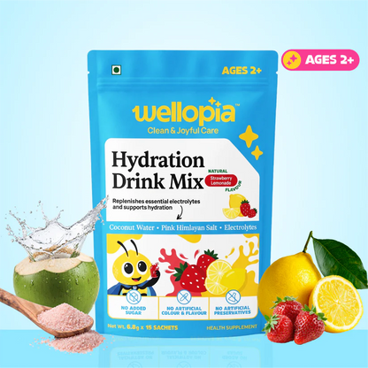 Hydration Drink Mix (Ages 2+)- Natural Strawberry Lemonade Flavour (Coconut Water, Pink Himlayan Salt) -No Artificial Preservatives - No Artificial Colors- No Refined Sugar - Wellopia- (15 Sachets) -6gm