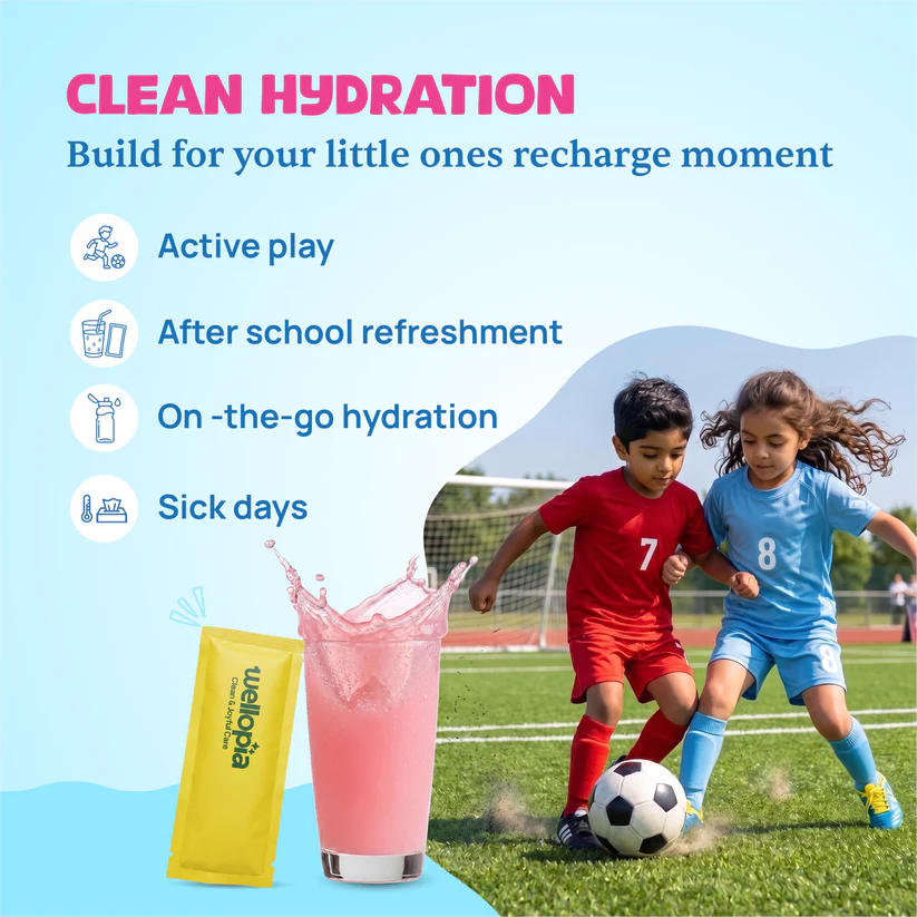 Hydration Drink Mix (Ages 2+)- Natural Strawberry Lemonade Flavour (Coconut Water, Pink Himlayan Salt) -No Artificial Preservatives - No Artificial Colors- No Refined Sugar - Wellopia- (15 Sachets) -6gm