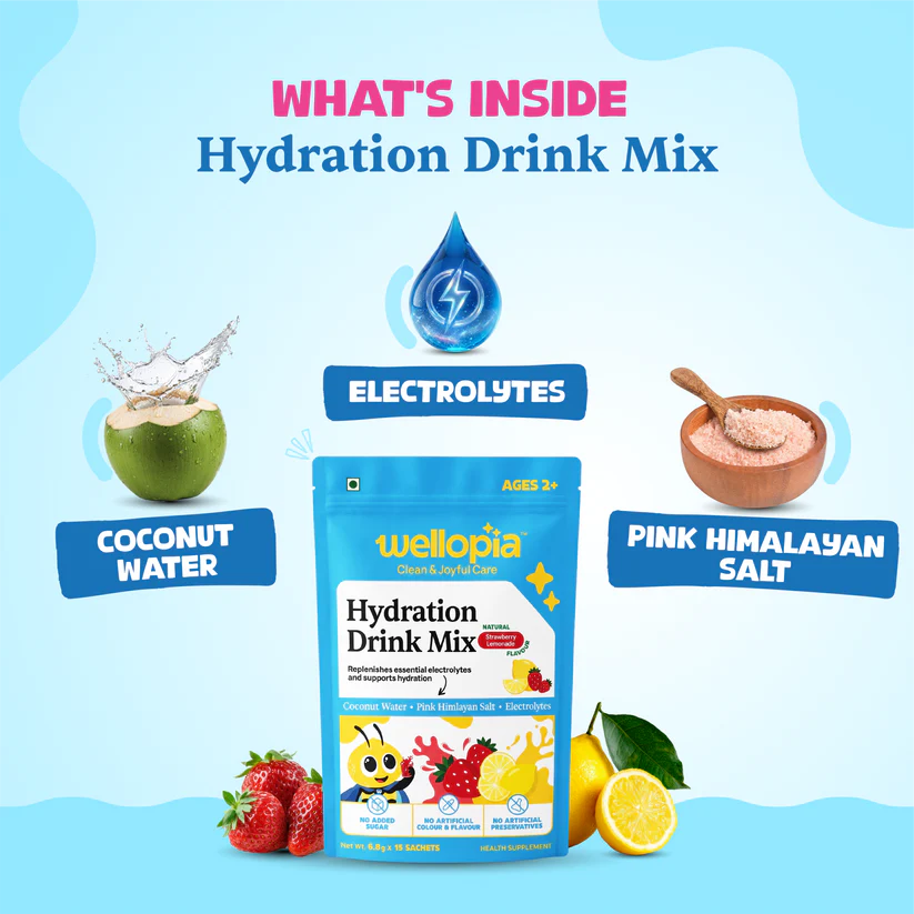 Hydration Drink Mix (Ages 2+)- Natural Strawberry Lemonade Flavour (Coconut Water, Pink Himlayan Salt) -No Artificial Preservatives - No Artificial Colors- No Refined Sugar - Wellopia- (15 Sachets) -6gm