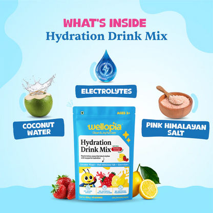 Hydration Drink Mix (Ages 2+)- Natural Strawberry Lemonade Flavour (Coconut Water, Pink Himlayan Salt) -No Artificial Preservatives - No Artificial Colors- No Refined Sugar - Wellopia- (15 Sachets) -6gm